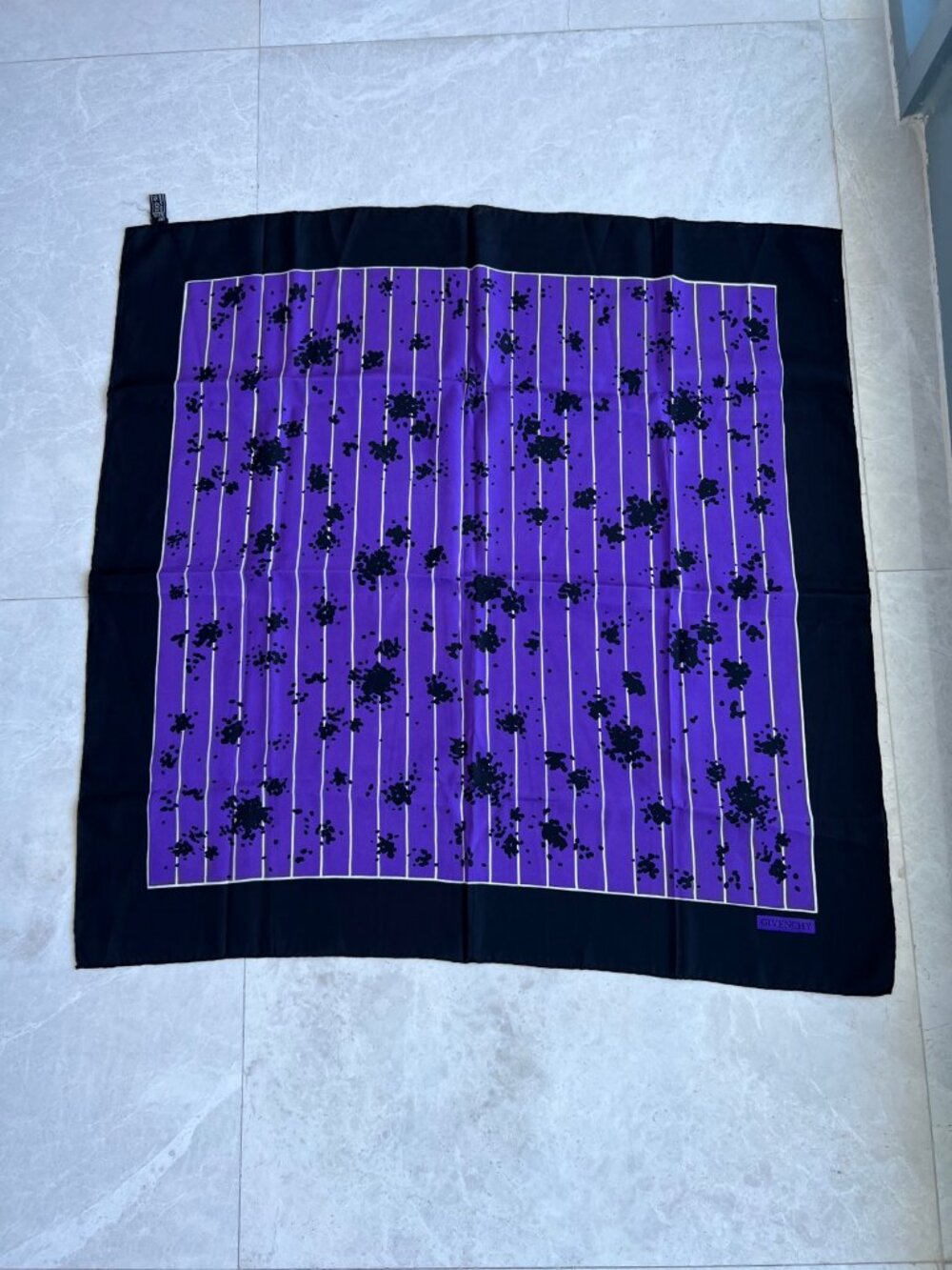 Givenchy Silk Scarf Purple Black Splatter Stripe 31 Square Made in Italy